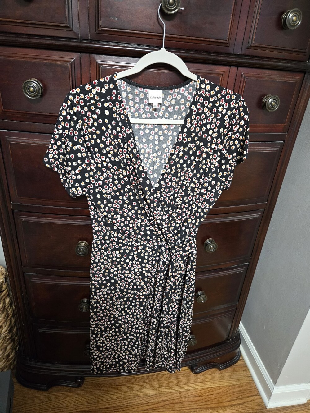 Kaileigh Black Wrap Midi Dress with Pink & Cream Daisy Print